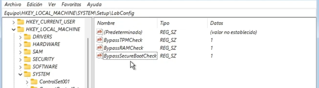 regedit omitir tpm windows 11