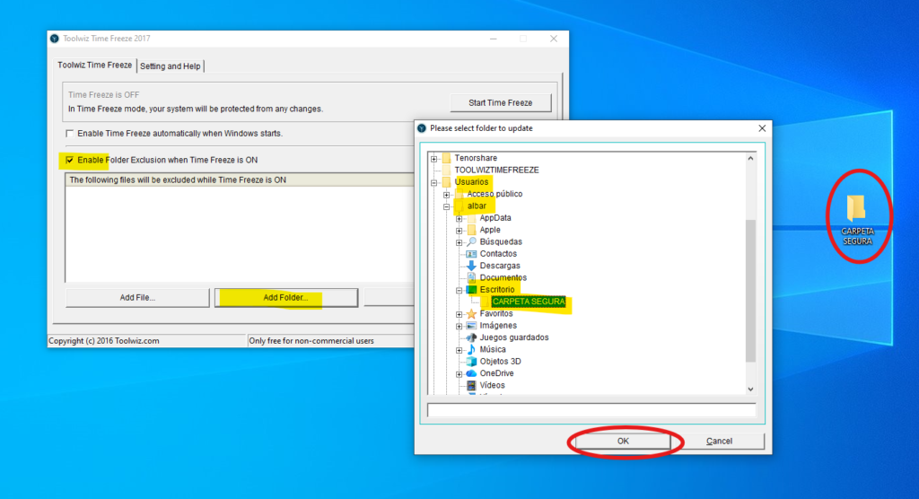 agregar carpetas excluidas que no se borren con toolwiz time freeze